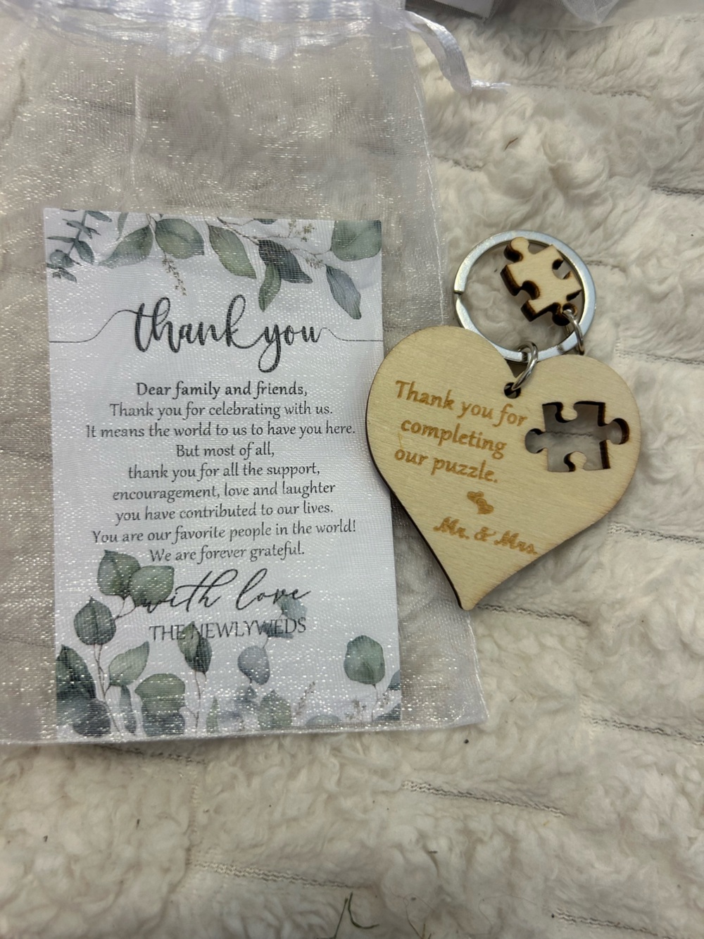 Set of 15 Wedding Guest Favor Heart Puzzle Piece Wooden Keychains w/ Organza Bag